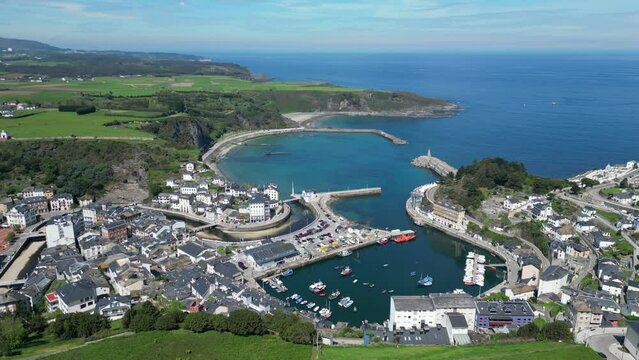 Luarca Village and Port in Asturias, Spain - Aerial 4k Circling