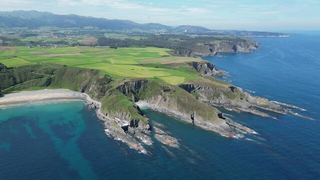 Cliffs and Coastline of Luarca, Asturias, Spain - Aerial 4k