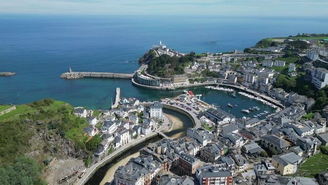 Luarca Fishing Village and Port in Asturias, Spain - Aerial 4k Circling