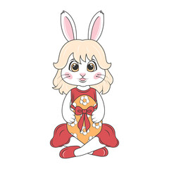 Cute little girl bunny in a red dress sits and hugs a painted egg with a bow. Vector illustration isolated on transparent background.