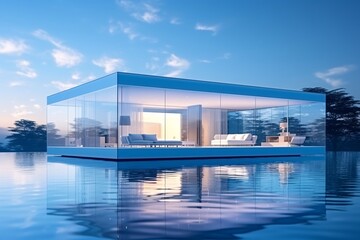 a glass house on water