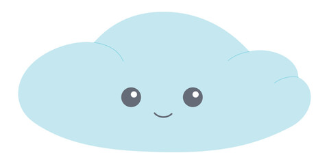 Blue smiling cloud illustration. Cute fluffy, bubbly cloud character. Single blue cloudy shape isolated on blue background. Flat vector decoration element. Blue cloud flat icon on white background