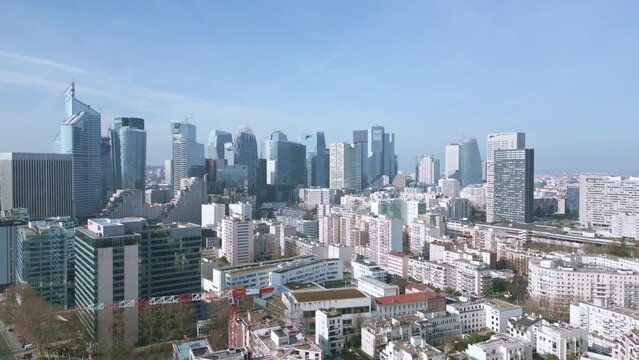 La Defense skyscrapers, Paris. Aerial drone view and sky for copy space