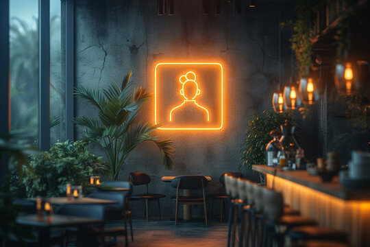 contemporary corporate or business office, fine dining restaurant branding white empty blank neon sign frame mockup template for identity logo branding at modern reception wall background