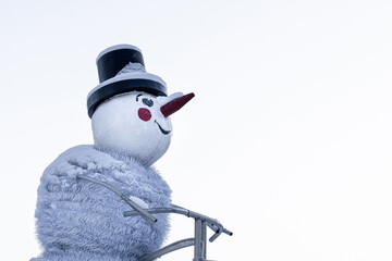 figure of a snowman with a top hat on his head in a winter park.