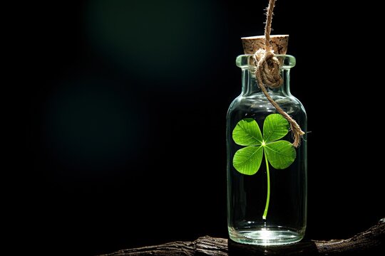 a glass bottle with a four leaf clover inside