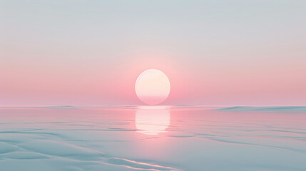 Serene sunrise over calm waters with soft pink hues. Minimalistic landscape with pastel sunrise for meditation and tranquility concept with place for text for design and print