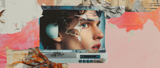 Modern collage and male gaze. Retro computer isolated over a Yloow background. Concept of idea, inspiration, creativity, and art. Minimalistic design.