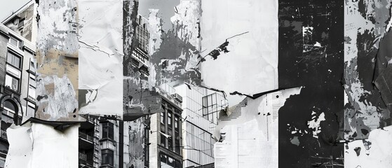 Poster. Contemporary artwork. Creative design in retro style. Black and white image of building in big city. Poster concept: surrealism, imagination, futuristic landscape.