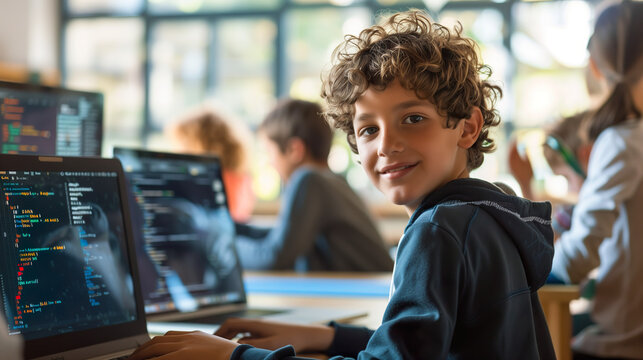 School children engage in interactive coding lessons on laptops, fostering digital literacy and computational thinking skills for the future