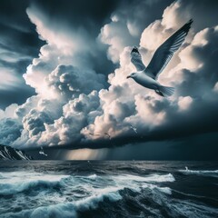 Seagull flies across dramatic dark storm clouds
