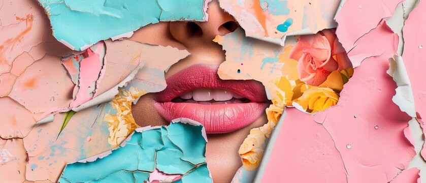 Female lips instead of a head in a collage in magazine style. Colorful background.