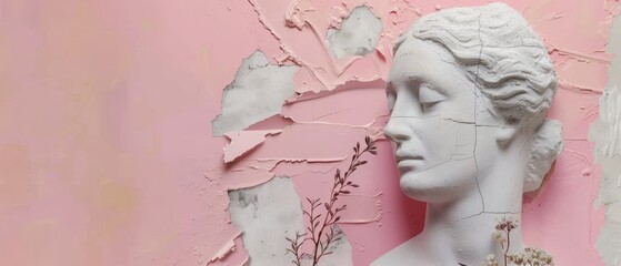 A colorful abstract collage of a plaster head model, a statue, and a female portrait isolated on a pink background. An area for you to insert your text can be found in the negative space.