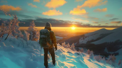 Foto op Plexiglas A tourist on the top of a mountain, a man enjoying the view of the sunset. Winter landscape. Bokeh effect. AI generative © sdmin_d