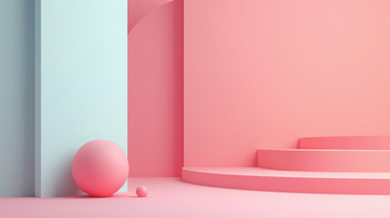 Minimalist pink and white set design with spherical shapes and circular platform. Modern product display and art direction concept. Pastel tones studio photography with copy space