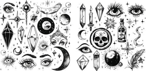 Doodle esoteric, boho mystical hand drawn elements - obrazy, fototapety, plakaty