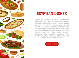 Egyptian Dish Banner Design with Traditional Cooked Food on Plate Vector Template