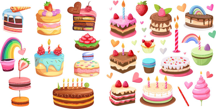 Happy Birthday chocolate and strawberry candles cakes vector illustration set
