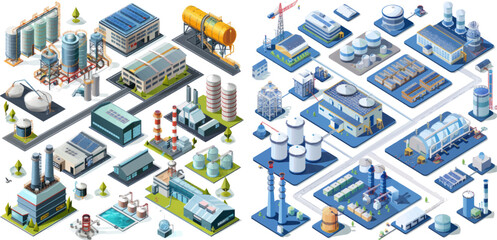 Isometric industrial factory buildings, warehouse, water purification system