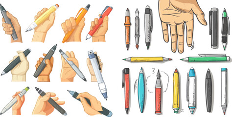 Pen, pencil, stylus, felt-tip pen in arms, writing and drawing tools vector illustration icons set - obrazy, fototapety, plakaty