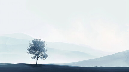 Solitary tree on a hazy landscape. Ethereal nature scene with soft pastel tones for tranquil background and minimalistic design with copyspace