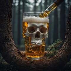 glass of beer and a skull in the glass in a forest