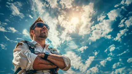 Kissenbezug Handsome man with backpack and sunglasses on the background of blue sky © engkiang