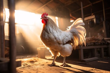 a rooster standing in a barn