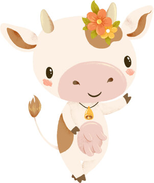 Cute cartoon milky cow with wreath of flowers welcoming. Kawaii cow illustration for dairy products or farm pictures. Transparent background
