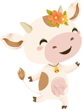 Cute cartoon milky cow with wreath of flowers enjoying life. Kawaii cow illustration for dairy products or farm pictures. Transparent background