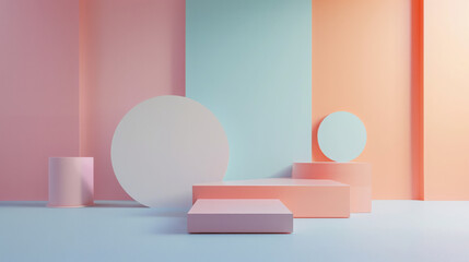 Pastel geometric shapes on a gradient pink and orange background. Minimalist product display with modern design elements. Studio photography for creative advertising with copy space
