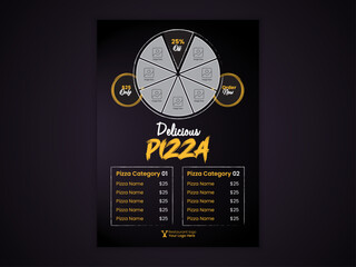 Pizza Food Menu Design or Flyer Design Template in Dark Color, A4 Size, Restaurant Food Menu Design