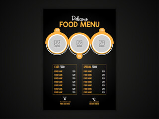 Food Menu Design or Flyer Design Template in Dark Color, A4 Size, Restaurant Food Menu Design