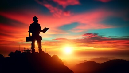 Construction Site Supervisor Overseeing Building at Sunset. 