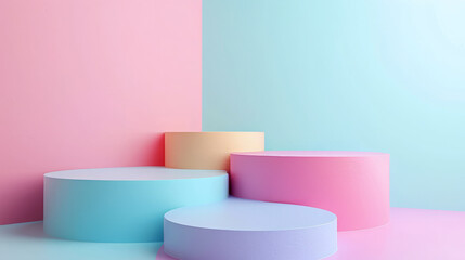 Colorful cylindrical shapes on a dual-tone pink and blue background. Pastel color palette product display or cosmetic stand concept. Studio photography for design and advertising with copy space
