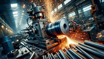 CNC Lathe Machining with Sparks in Industrial Factory