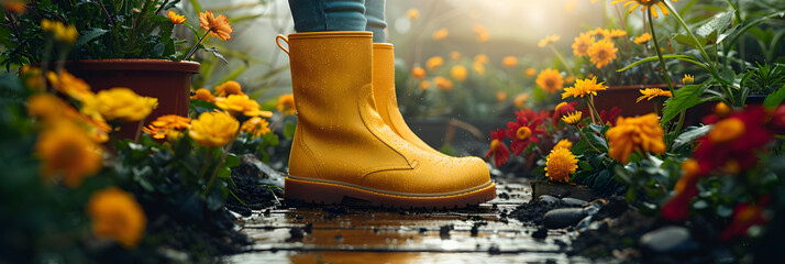 Gardening background with flower pots yellow ,
Feet of child in yellow rubber boots jumping
 - obrazy, fototapety, plakaty