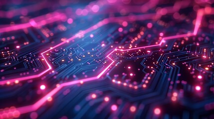 Closeup of circuit board with vibrant purple and electric blue lights