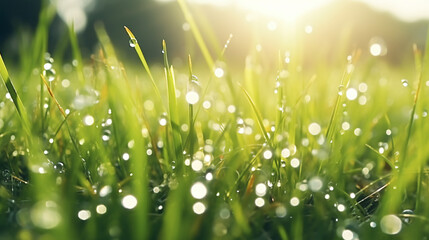 Fototapeta na wymiar Blurred background of fresh green grass with dew drops