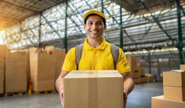Male delivery worker wearing a yellow shirt and holding a box - Powered by Adobe