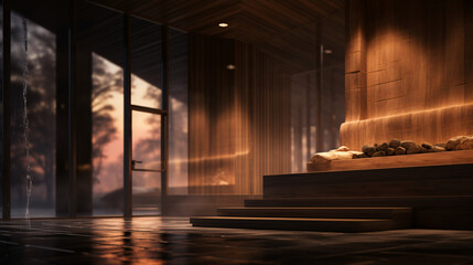Blurred interior background of sauna and hamam - obrazy, fototapety, plakaty