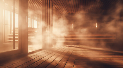 Blurred interior background of sauna and hamam - obrazy, fototapety, plakaty