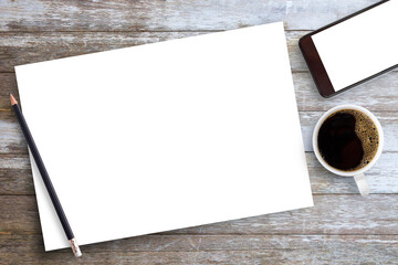 White blank paper or notepad with pencil and coffee