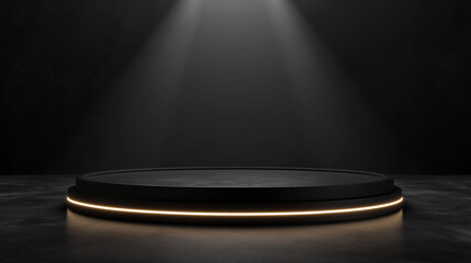 Black podium on dark background. Mock up, illuminated by spotlights in dark room, 3D Rendering