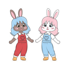 Two twin bunnies in jumpsuits. Cute holiday characters. Flat cartoon vector illustration isolated on transparent background.