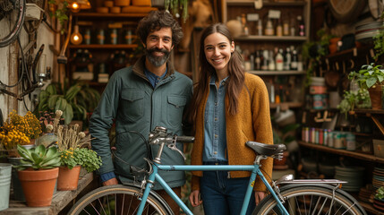Obraz premium Couple installs bicycle rack in their apartment