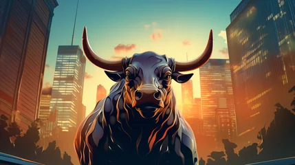 Rolgordijnen Bull illustration against city backdrop indicating rob © Cybonix