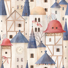 Cute childish background with fairytale city. Fairy tale castle, fantasy towers, high roofs. Watercolor background illustration.