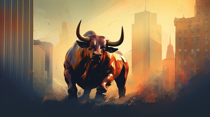 Bull illustration against city backdrop indicating rob - obrazy, fototapety, plakaty