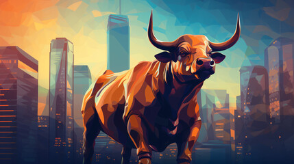 Bull illustration against city backdrop indicating rob